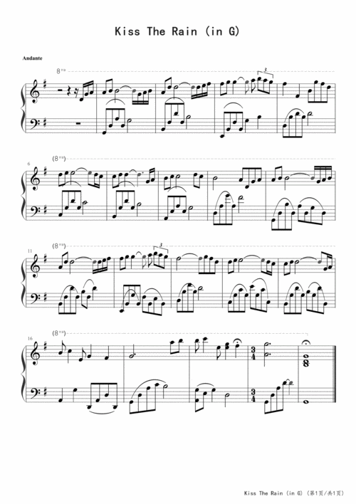 钢琴谱kisstherain雨的印记g调简易版五线谱pdf1页