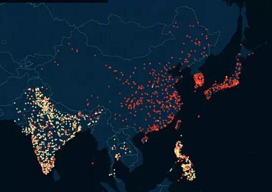利用这些泄露的数据绘制的一幅包含全球5万个"不忠城市"的世界地图