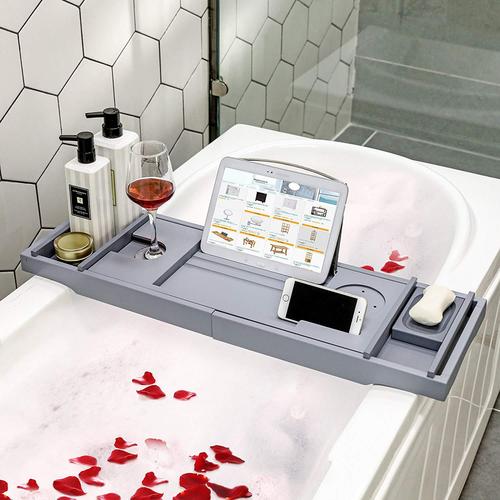 楠竹伸缩浴缸架竹制多功能防滑置物架灰色卫生间泡澡桶支架置物板