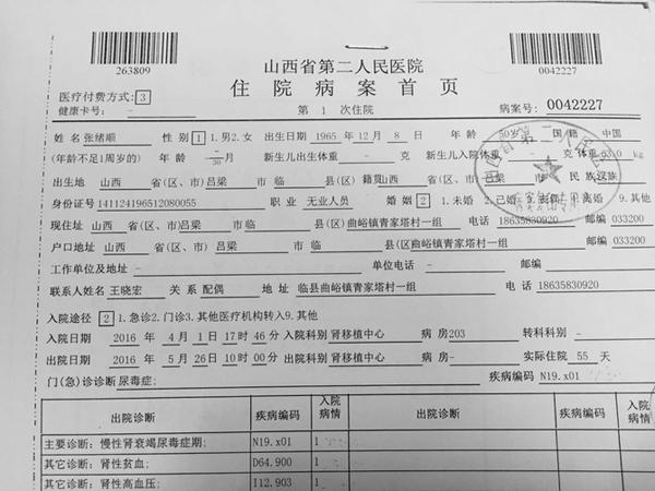 图为:张绪顺住院病历单