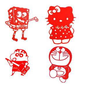 卡通纯手工传统剪纸kitty猫蜡笔小新海绵宝宝学校幼儿园装饰贴画