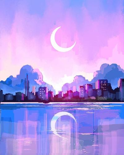 画师shinsyl 作品,一组粉紫色系风景插画,迷幻且令人心醉