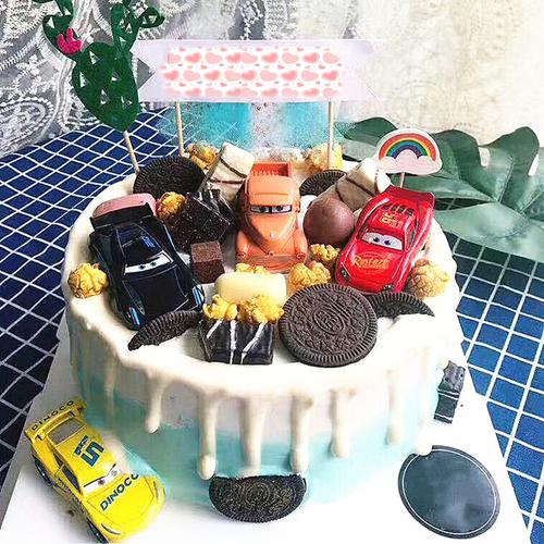 摆件4个装小小汽车儿童生日蛋糕装饰赛车合金回力节日装扮用品