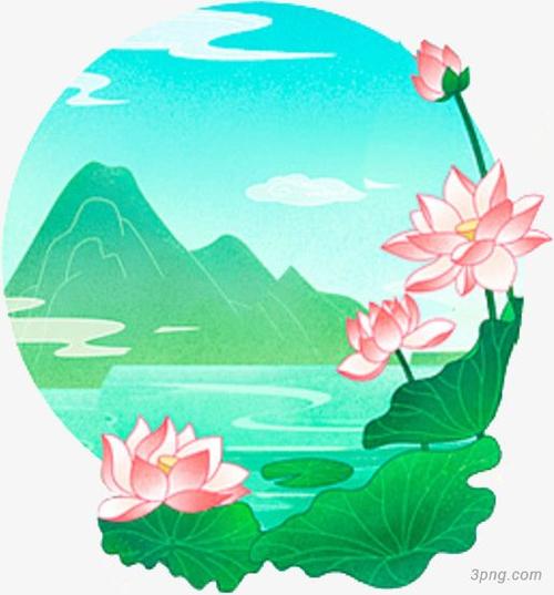 绿色荷叶荷花青山插画png素材透明免抠图片-卡通手绘