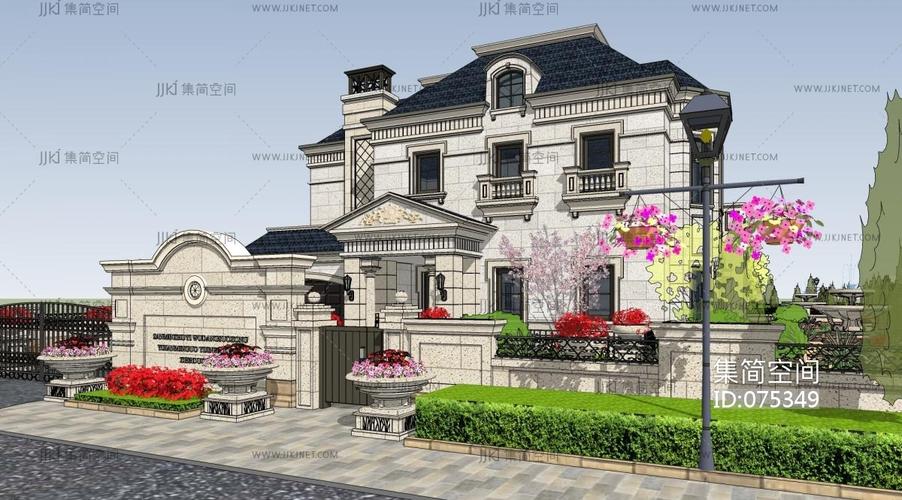 浪漫法式欧式古典别墅,景观花园,喷泉,庭院景观,院墙,围墙,花池,喷泉