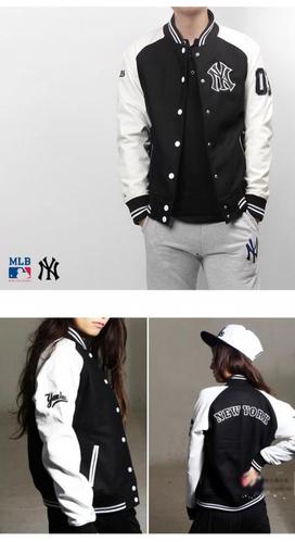 ny纽约扬基棒球服 mlb洋基队男女秋季外套毛呢pu袖皮修身情侣夹克