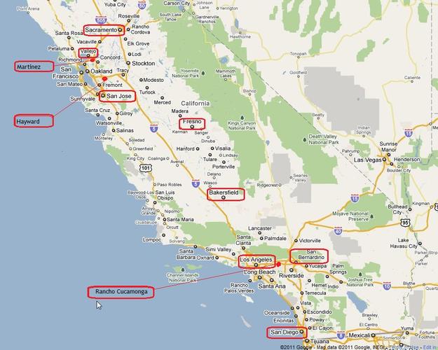 美国加州南部和北部的所以城市