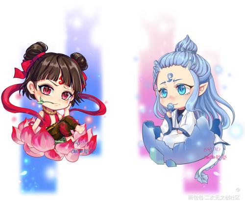 藕饼小q_哪吒之魔童降世敖丙哪吒厚涂日系q版头像插画绘画作品