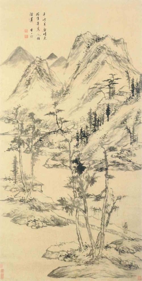 他的山水画创作受"元四家""吴门画派"及董其昌的影响.