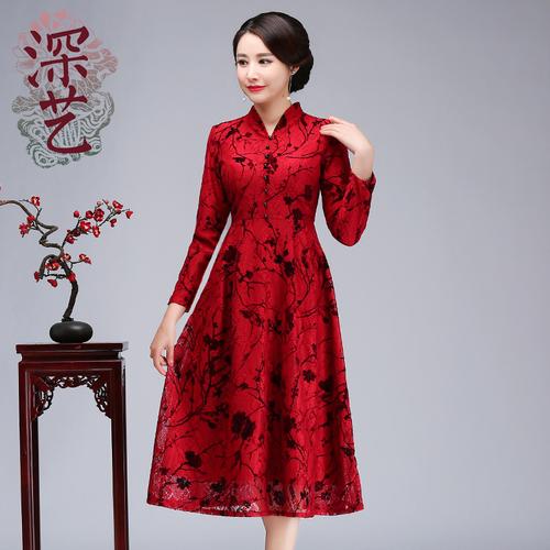 改良版旗袍连衣裙长袖中式复古妈妈装婚宴会婚礼服红色婆婆裙