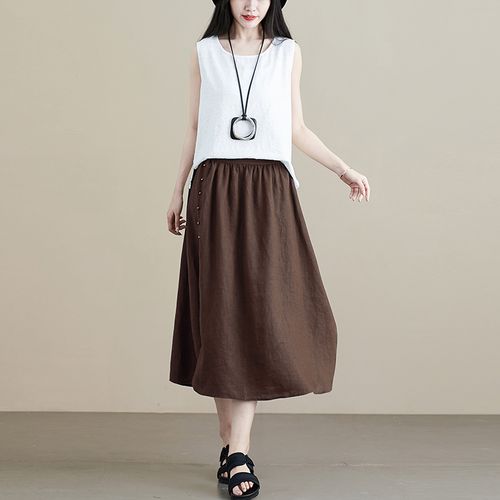 棉麻半身裙女夏新款高腰a字伞裙松紧宽松中长款长裙子复古亚麻裙