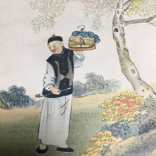 清人提鸟笼五彩手绘明信片,精美少见