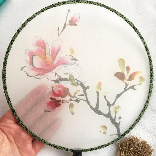 苏绣圆扇diy套件红玉兰花手工材料包双面绣团扇真丝蚕丝线初学者