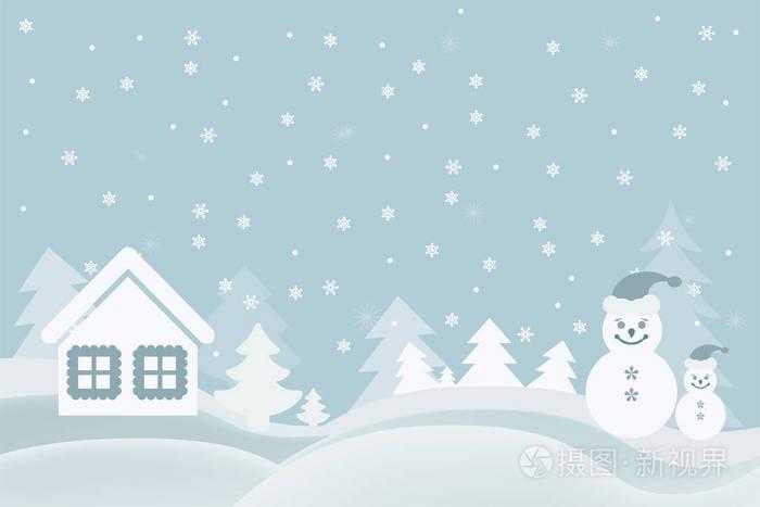 矢量图片卡通贺卡与雪人房子和圣诞树在森林中的雪在12月的冬天, 为一