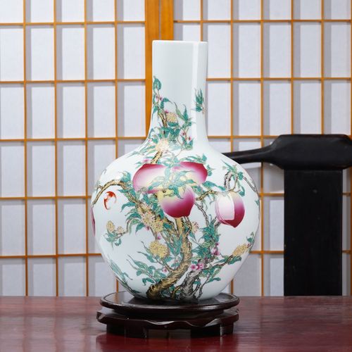 景德镇粉彩九桃天球瓶新中式陶瓷客厅摆件复古花瓶