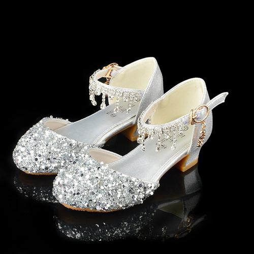 七色王国女童高跟鞋公主走秀银色演出皮鞋儿童水钻礼服包头鞋小女孩