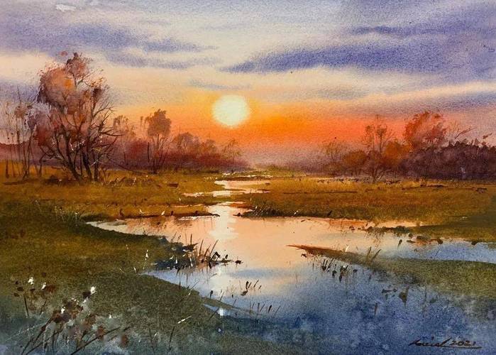 他的水彩画里的落日真的很美_画面_版权_javid