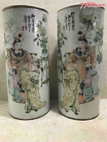 浅绛彩名家-马庆云加官进爵一对帽筒