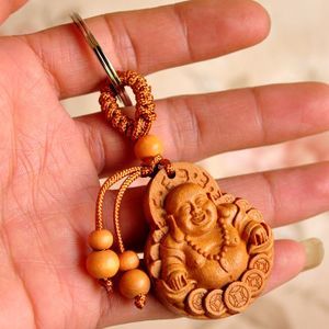 东阳木雕工艺品钥匙扣挂件弥勒佛大肚佛桃木饰品锁扣桃木挂饰批发