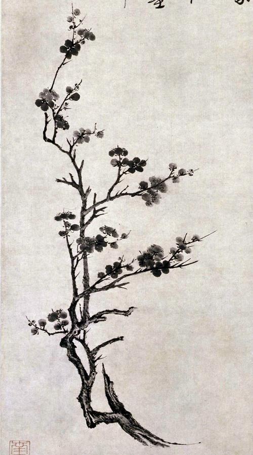 明 唐寅《墨梅图》轴 此幅以枯笔焦墨画梅花枝干,皴擦纹理