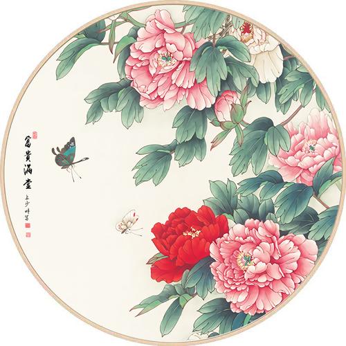 新中式祥和富贵牡丹圆形装饰画玄关客厅书房卧室酒店挂画小米画社