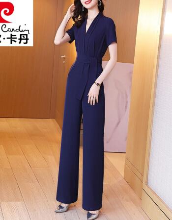 皮尔卡丹轻奢高档女装藏青色连体裤女夏2021新款显瘦气质连衣裤高腰坠
