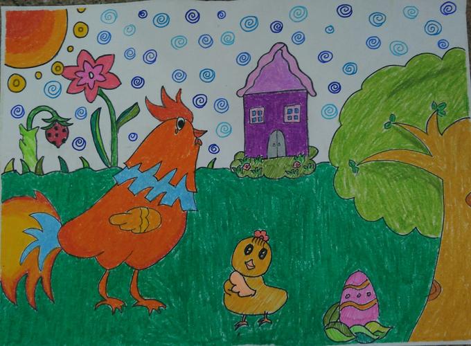 《鸡的一家》这幅画鸡的尾巴处理得还行,感觉有点空旷,应该多加点东西