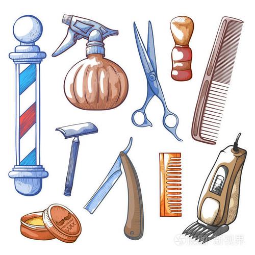 理发店工具设置手绘矢量插图