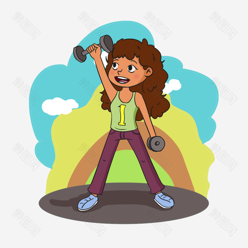 手绘卡通举哑铃插画