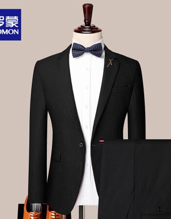 romon罗蒙新郎西服套装男休闲时尚正装男士西装外套帅气伴郎礼服黑色