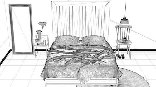 室内设计项目, 黑白墨水素描, 建筑蓝图显示现代卧室, 床与木制床头板