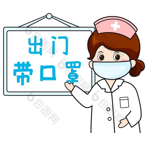 蓝色扁平卡通女护士出门戴口罩gif图
