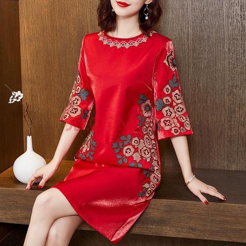 高贵喜婆婆婚宴装2021年新款红色旗袍裙洋气婚礼妈妈礼服大码女装【3