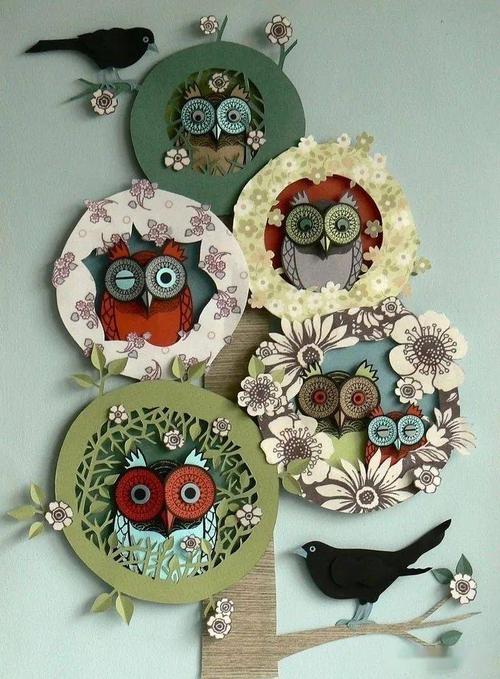 创意手工素材漂亮的猫头鹰拼贴画作品