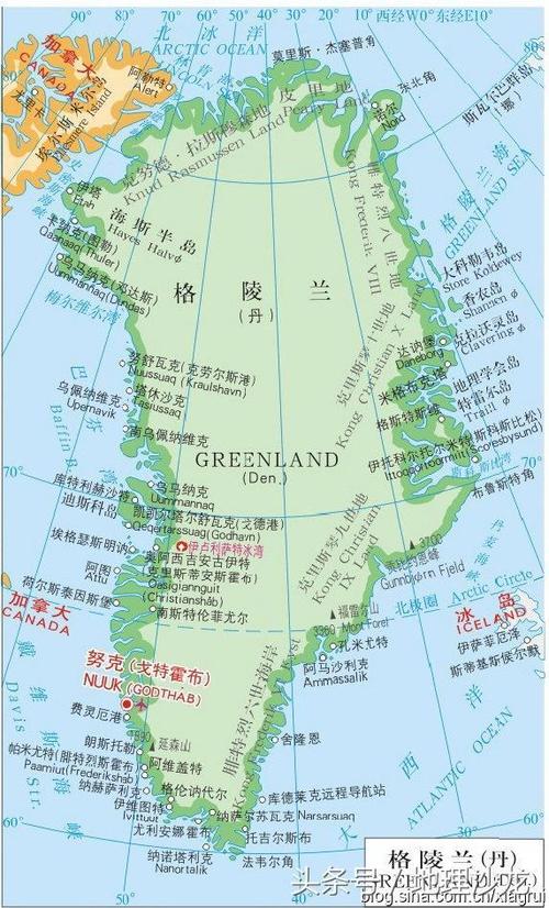 格陵兰岛 由于采用不同的投影方式,发生形变的位置和程度都有所不同.