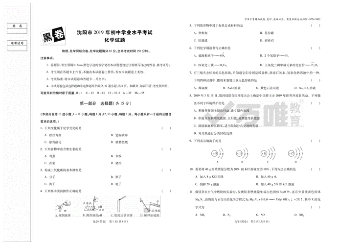 万唯中考2019沈阳黑白卷化学试题