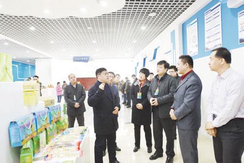 青冈县委书记杨勇向参观采访团介绍青冈县"互联网 "运营服务中心运营