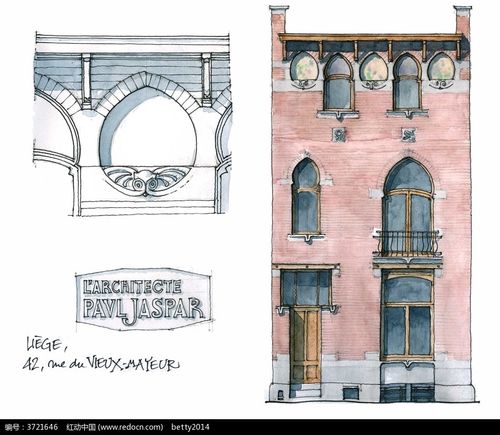 欧式建筑外立面手绘水彩线描图
