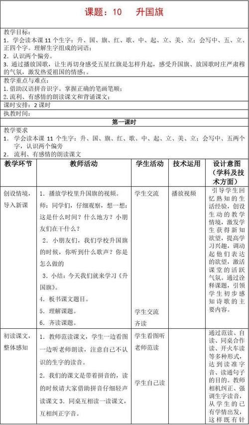 部编版一年级上册《10 升国旗》教学设计【推荐】.doc