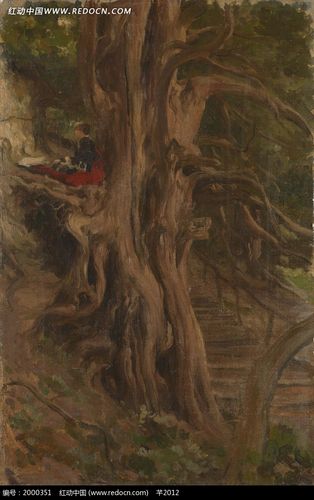 油画—阶梯边的古老树干和树枝上的男孩psd素材