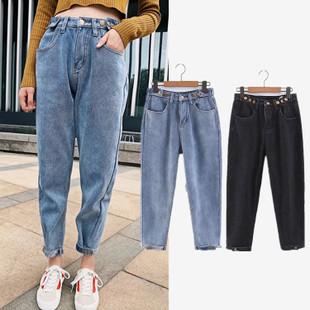 速卖通外贸女装2018秋冬季新款欧美时尚加绒宽松百搭老爹裤牛仔裤
