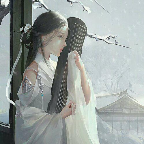 一个白衣古装抱着一把古筝的动漫女子