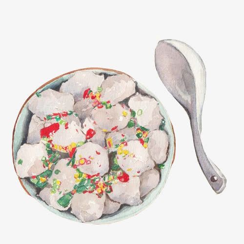 鱼丸,墨鱼丸,小吃,白色,勺子,色彩画