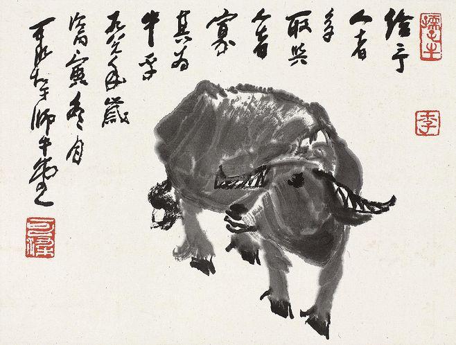 李可染 水牛图 镜框 水墨纸本作品欣赏