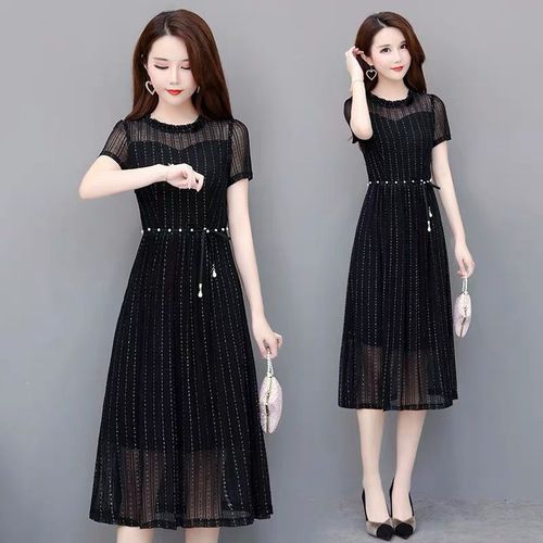 黑色连衣裙女夏装中长款2021年新款时尚气质遮肚网纱裙子夏季女装