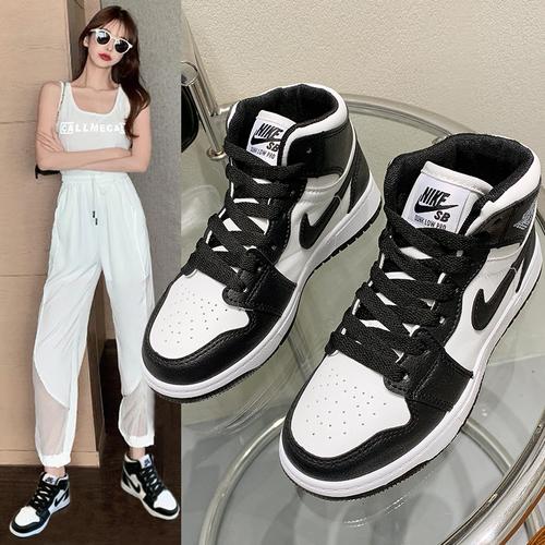 回力aj1女鞋黑白熊猫高帮运动板鞋2021爆款秋冬季加绒加厚ins潮鞋