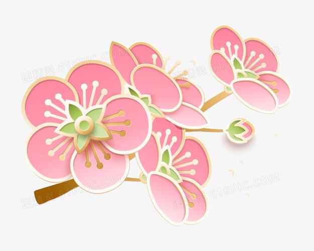 剪纸风粉色桃花免抠矢量装饰元素