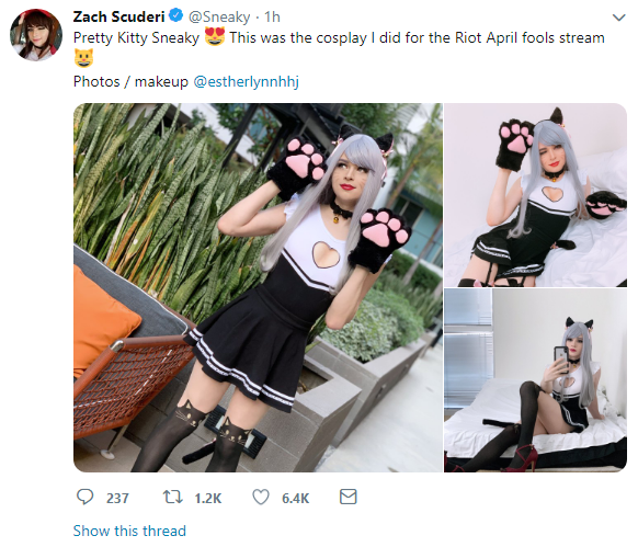 lol职业选手,女装大佬sneaky今日更新推特动态,发布了他最新的cosplay