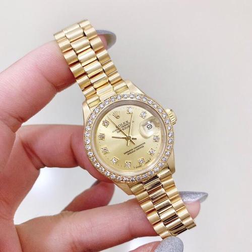 劳力士女士18k全金外圈后镶钻自动机械腕表