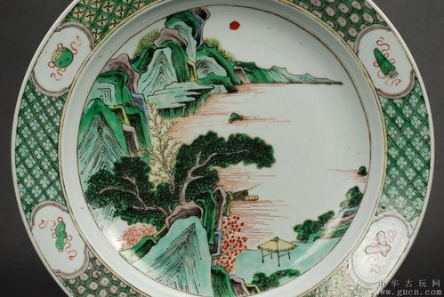 清康熙五彩山水纹折沿大盘